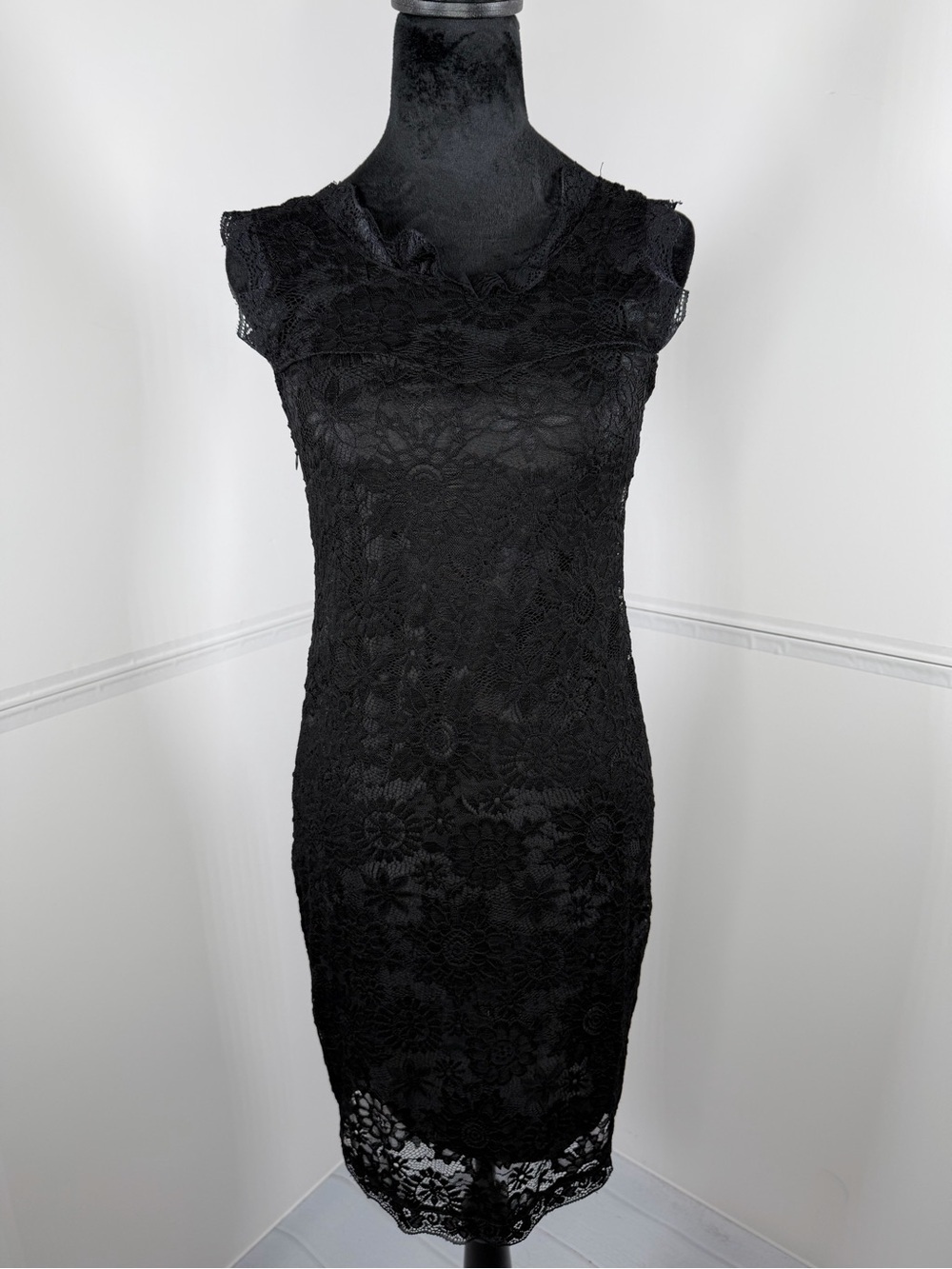 NWT ACEVOG Black Lace Bodycon Dress Size Small Sheer Overlay Cocktail